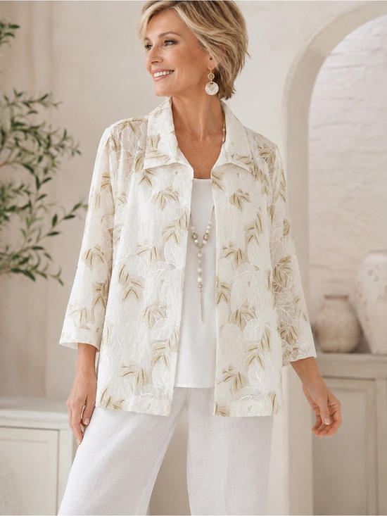 Chico's Jackets & Blazers - Chico's White Jacket with Beige Floral Embroidery